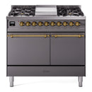 ILVE 40-Inch Nostalgie II Natural Gas Dual Fuel Range with 6 Burners, Griddle and Solid Door Oven  in Matte Graphite with Brass Trim (UPD40FQNMPMGG)