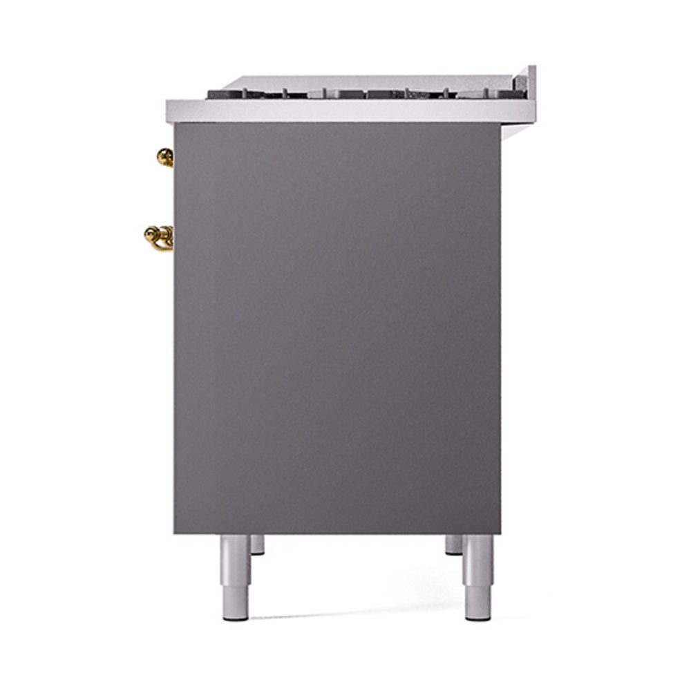 Matte graphite solid door oven with brass handle accents; front corner view on legs.