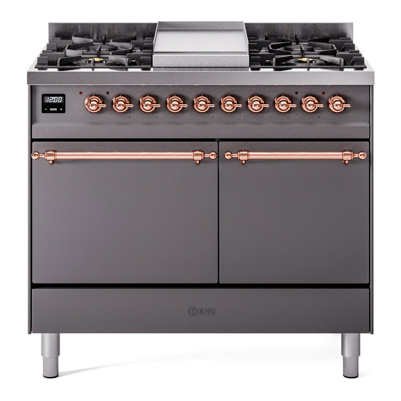 ILVE 40-Inch Nostalgie II Dual Fuel Range with 6 Burners, Griddle and Solid Door Oven in Matte Graphite with Copper Trim (UPD40FQNMPMGP)