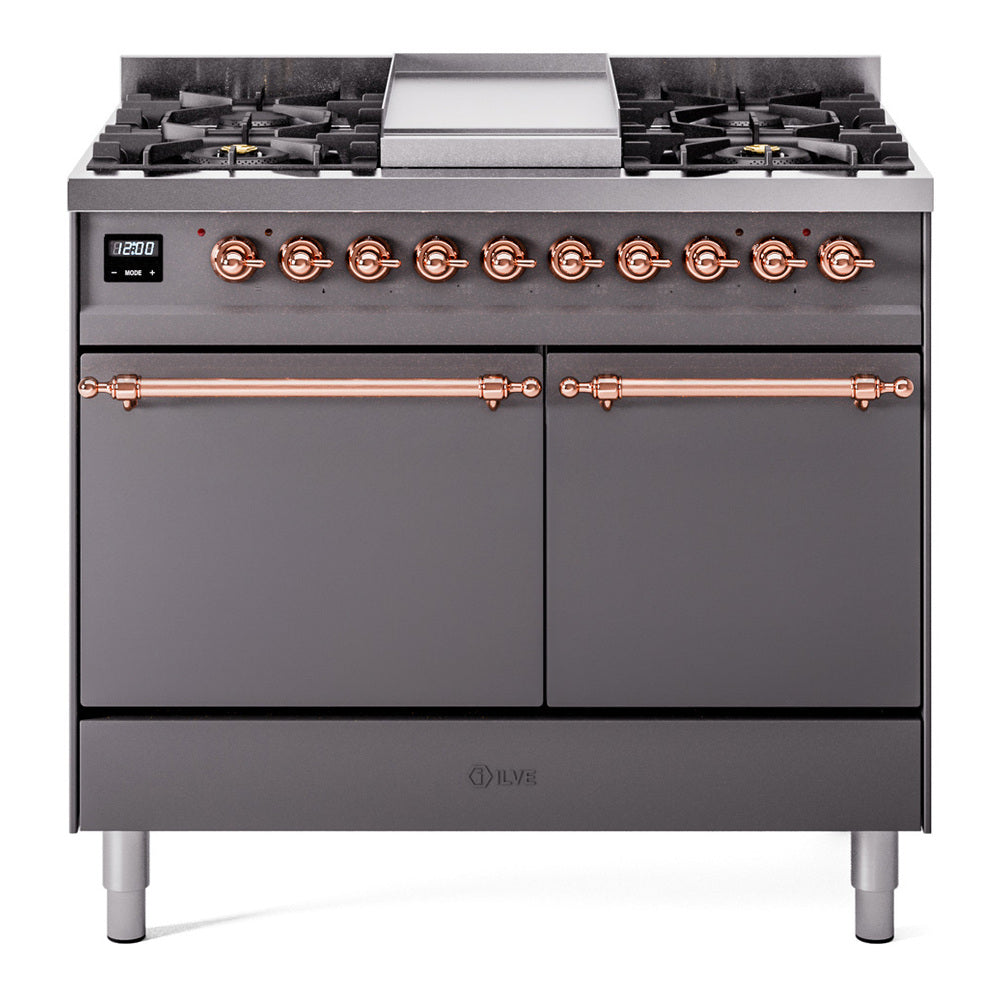 Matte graphite gas dual-fuel range with copper-trim control knobs, six burners and griddle