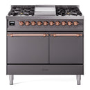ILVE 40-Inch Nostalgie II Natural Gas Dual Fuel Range with 6 Burners, Griddle and Solid Door Oven in Matte Graphite with Copper Trim (UPD40FQNMPMGP)