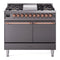 ILVE 40-Inch Nostalgie II Natural Gas Dual Fuel Range with 6 Burners, Griddle and Solid Door Oven in Matte Graphite with Copper Trim (UPD40FQNMPMGP)