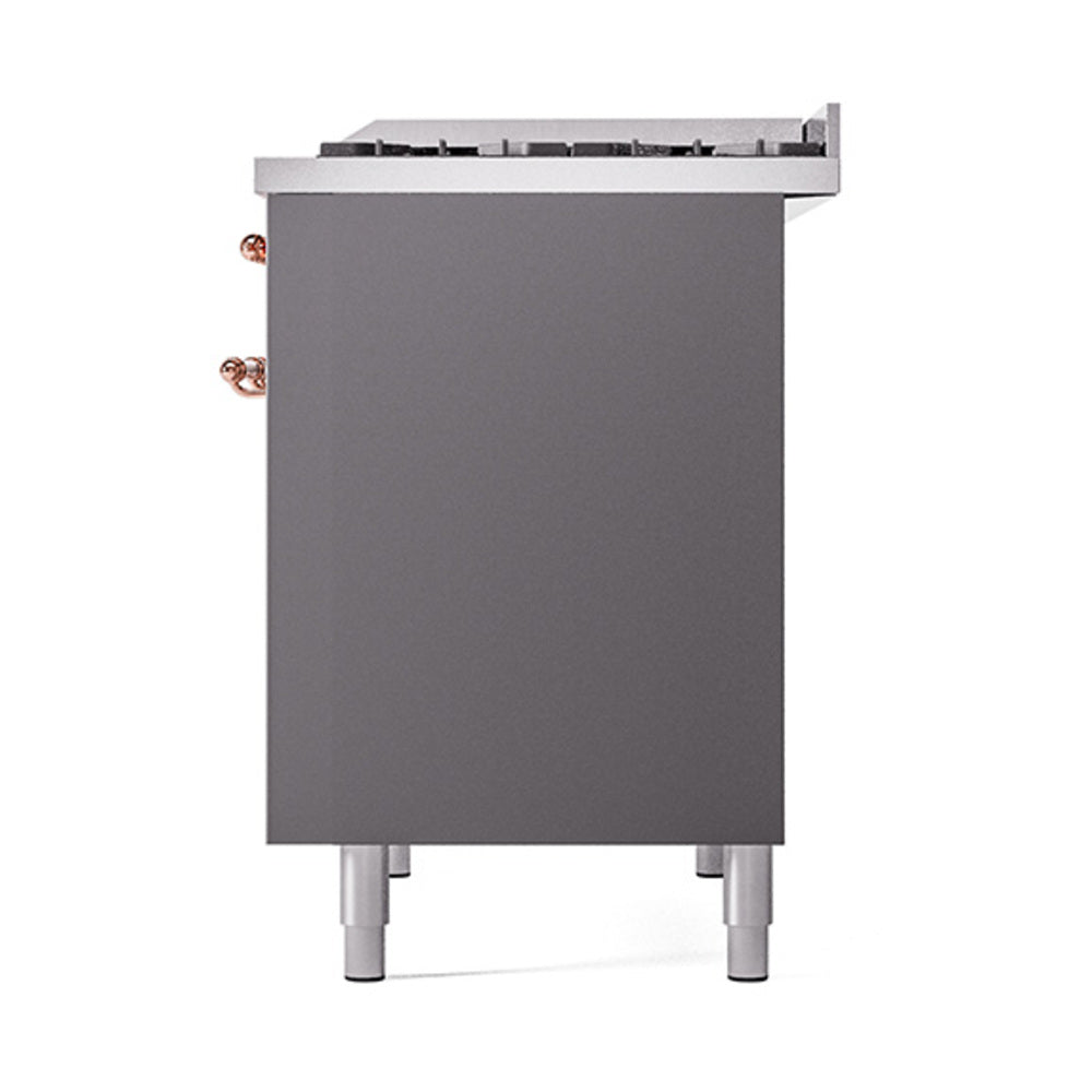 Matte graphite rear panel with copper gas fittings and four leveling feet
