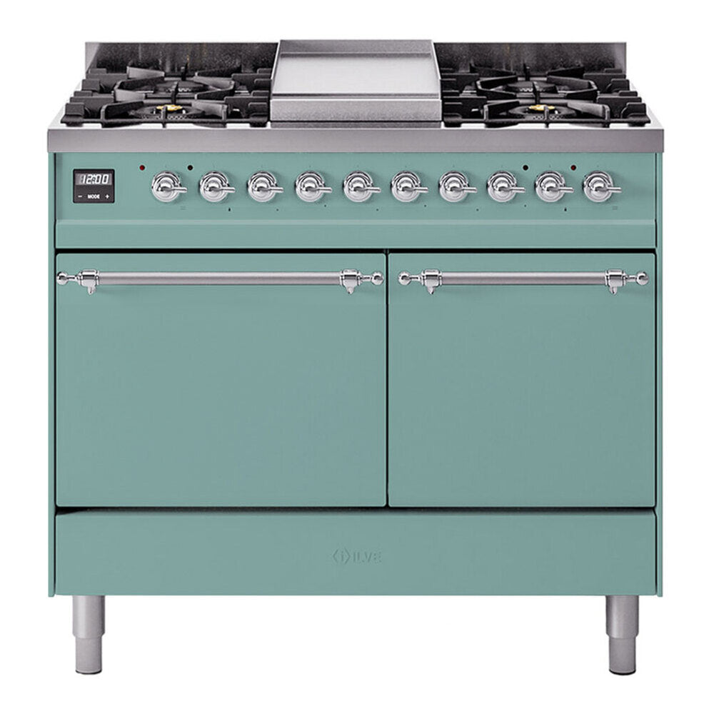 ILVE 40-Inch Nostalgie II Natural Gas Dual Fuel Range with 6 Burners, Griddle and Solid Door Oven in Mediterranean Mint with Chrome Trim (UPD40FQNMPMMC)