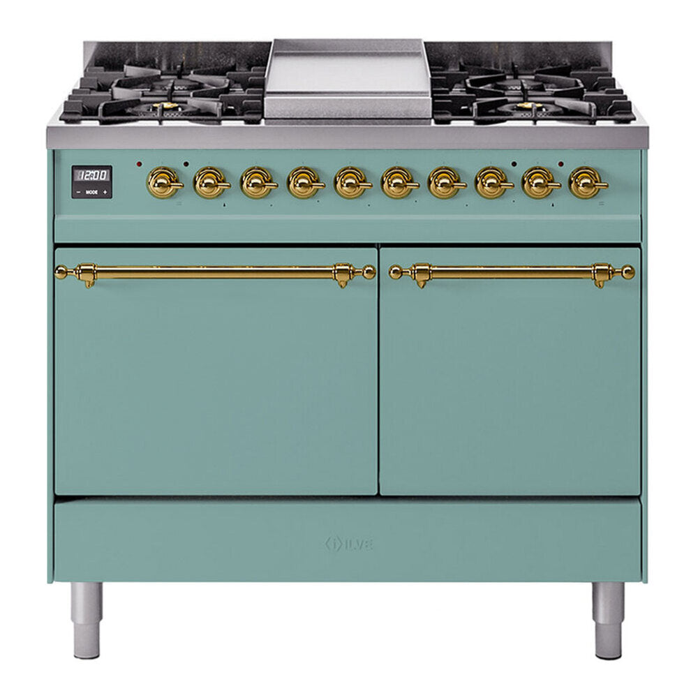 ILVE 40-Inch Nostalgie II Propane Gas Dual Fuel Range with 6 Burners, Griddle and Solid Door Oven in Mediterranean Mint with Brass Trim (UPD40FQNMPMMGLP)
