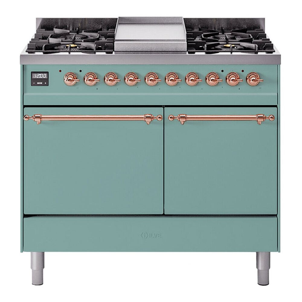 ILVE 40-Inch Nostalgie II Natural Gas Dual Fuel Range with 6 Burners, Griddle and Solid Door Oven in Mediterranean Mint with Copper Trim (UPD40FQNMPMMP)