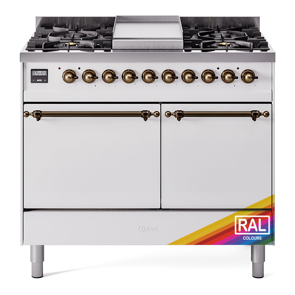 White dual fuel range with bronze knobs and central griddle, front control panel and doors