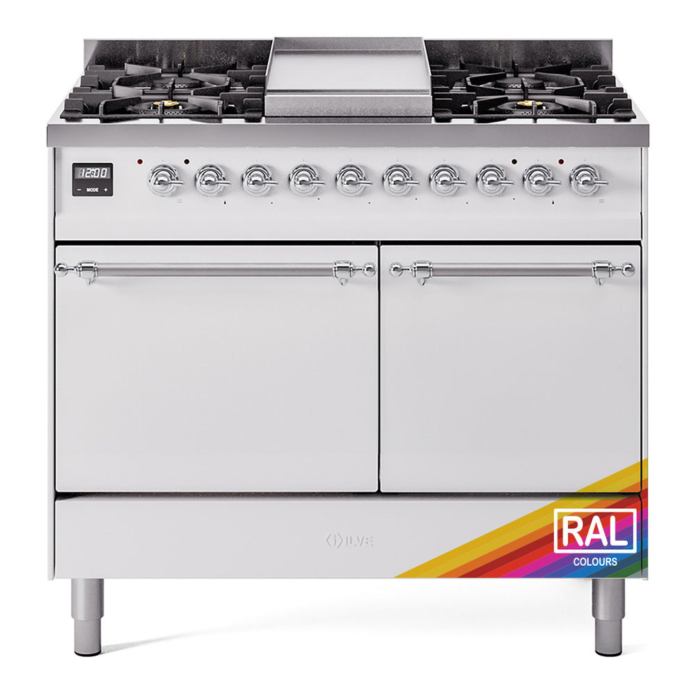 Dual fuel range front view with chrome knobs, two oven doors, and griddle top