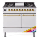 ILVE 40-Inch Nostalgie II Natural Gas Dual Fuel Range with 6 Burners, Griddle and Solid Door Oven in RAL with Brass Trim (UPD40FQNMPRAG)
