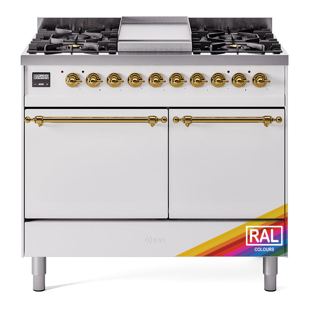 ILVE dual-fuel range with brass-trim knobs, griddle lid, and white solid doors