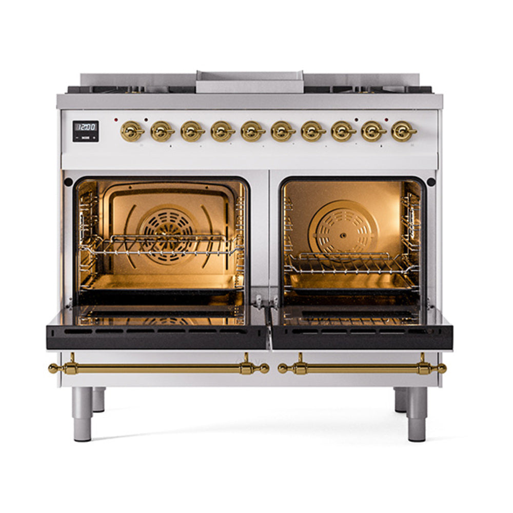 ILVE dual-fuel range with two open ovens showing racks and burner interiors