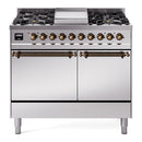 ILVE 40-Inch Nostalgie II Natural Gas Dual Fuel Range with 6 Burners, Griddle and Solid Door Oven in Stainless Steel with Bronze Trim(UPD40FQNMPSSB)