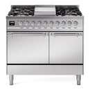 ILVE 40-Inch Nostalgie II Natural Gas Dual Fuel Range with 6 Burners, Griddle and Solid Door Oven in Stainless Steel with Chrome Trim (UPD40FQNMPSSC)