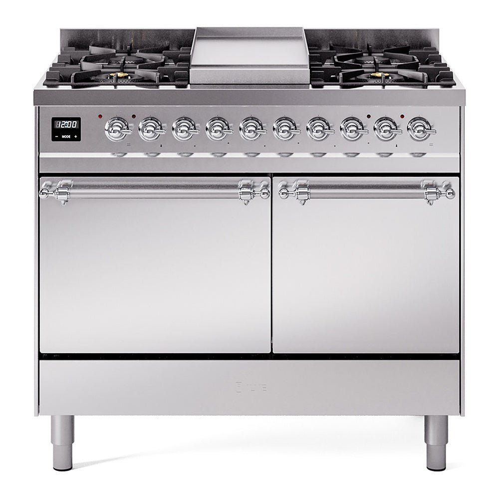 Stainless steel dual-fuel range front with burners, griddle, and two oven doors