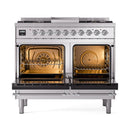 ILVE 40-Inch Nostalgie II Natural Gas Dual Fuel Range with 6 Burners, Griddle and Solid Door Oven in Stainless Steel with Chrome Trim (UPD40FQNMPSSC)
