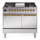 ILVE 40-Inch Nostalgie II Natural Gas Dual Fuel Range with 6 Burners, Griddle and Solid Door Oven in Stainless Steel with Brass Trim (UPD40FQNMPSSG)