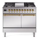 ILVE 40-Inch Nostalgie II Propane Gas Dual Fuel Range with 6 Burners, Griddle and Solid Door Oven in Stainless Steel with Brass Trim (UPD40FQNMPSSGLP)