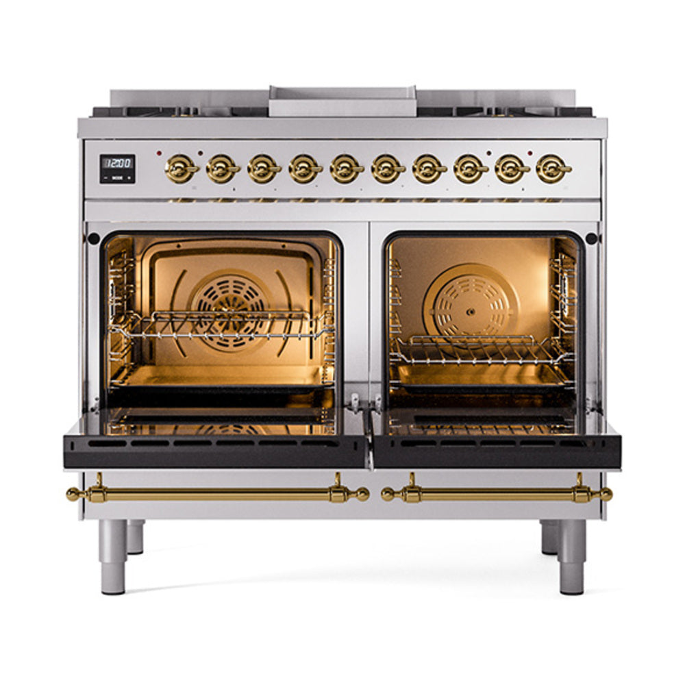 Stainless steel range with dual ovens open, brass control panel, and six burners