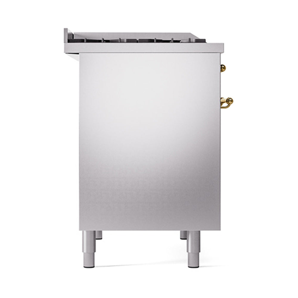 Stainless steel side panel of dual-fuel range with brass handle trim