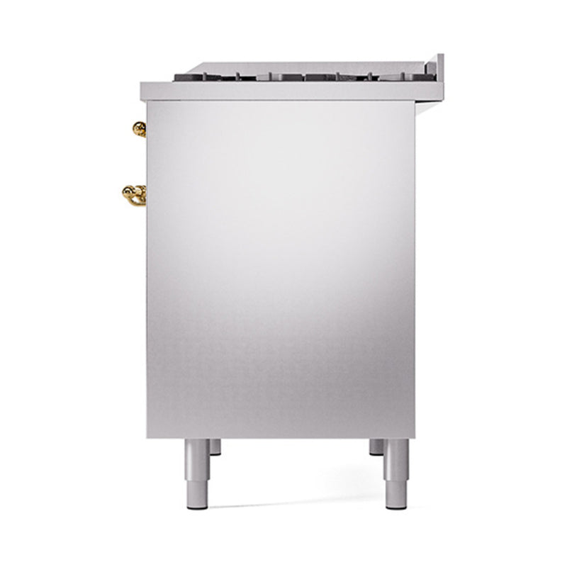 ILVE 40-Inch Nostalgie II Dual Fuel Range with 6 Burners, Griddle and Solid Door Oven in Stainless Steel with Brass Trim (UPD40FQNMPSSG)
