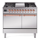 ILVE 40-Inch Nostalgie II Natural Gas Dual Fuel Range with 6 Burners, Griddle and Solid Door Oven in Stainless Steel with Copper Trim (UPD40FQNMPSSP)