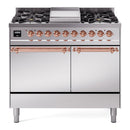 ILVE 40-Inch Nostalgie II Propane Gas Dual Fuel Range with 6 Burners, Griddle and Solid Door Oven in Stainless Steel with Copper Trim (UPD40FQNMPSSPLP)
