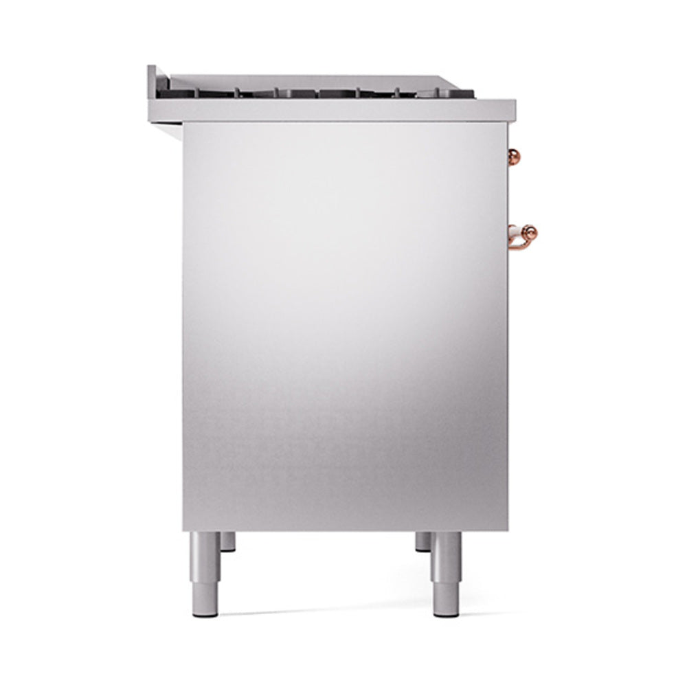 Stainless steel side panel of dual-fuel range with copper trim and rear fittings