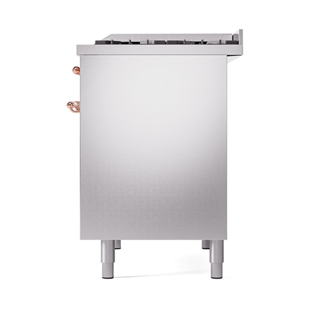 Stainless steel side panel of dual oven range with copper trim and leveling feet