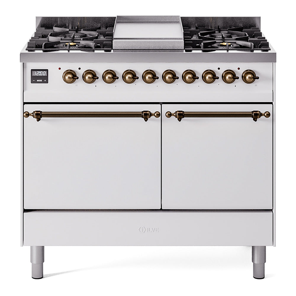 White gas range with bronze knobs, six burners and central griddle on top