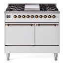 ILVE 40-Inch Nostalgie II Propane Gas Dual Fuel Range with 6 Burners, Griddle and Solid Door Oven in White with Bronze Trim (UPD40FQNMPWHBLP)