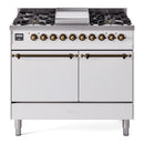 ILVE 40-Inch Nostalgie II Natural Gas Dual Fuel Range with 6 Burners, Griddle and Solid Door Oven in White with Bronze Trim (UPD40FQNMPWHB)