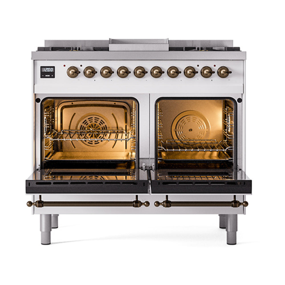 White dual-fuel range with two open solid-door ovens and burner control panel