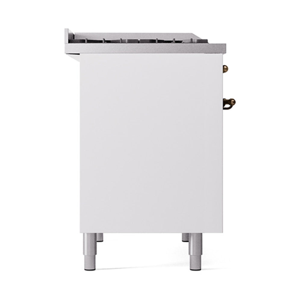 White side panel of a dual fuel range with four leveling legs