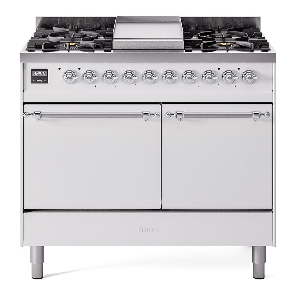 White dual fuel range with chrome trim, 6 burners, and griddle top