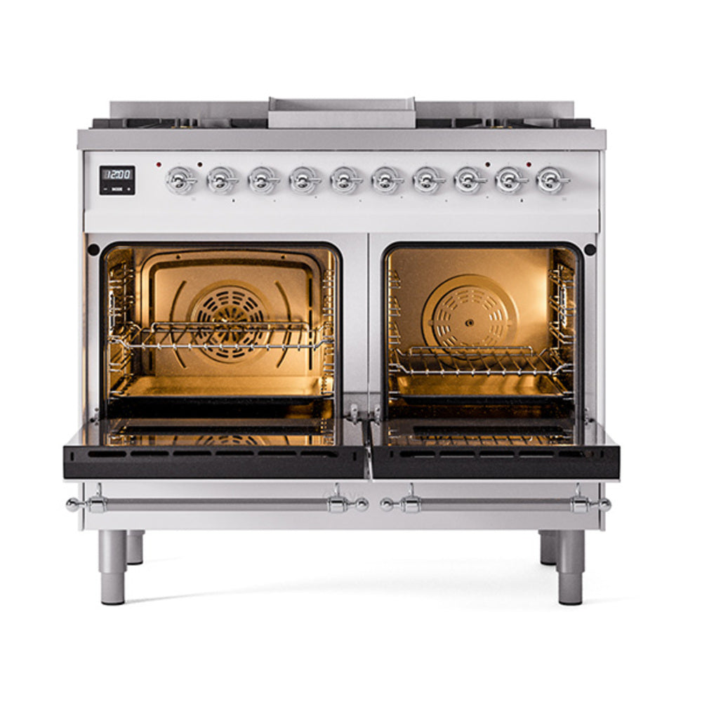 White dual fuel range with oven doors open, showing interior racks