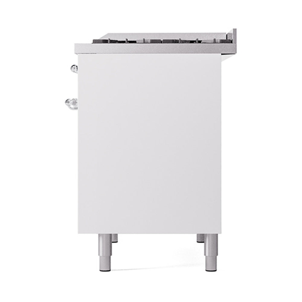 White oven front panel with chrome door handles and four corner leveling feet