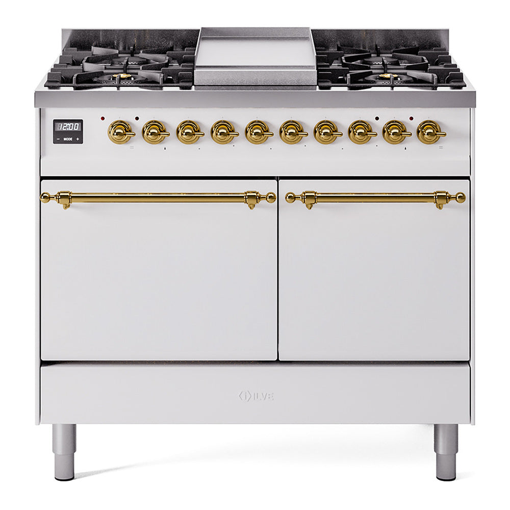 White dual fuel range with 6 burners, griddle, brass trim, solid door oven