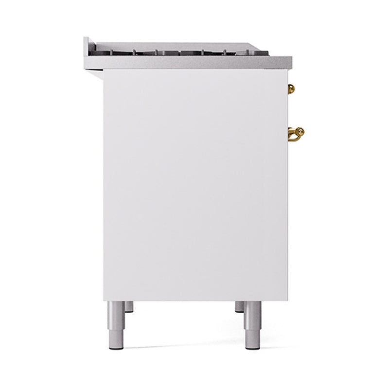 ILVE 40-Inch Nostalgie II Dual Fuel Range with 6 Burners, Griddle and Solid Door Oven in White with Brass Trim (UPD40FQNMPWHG)
