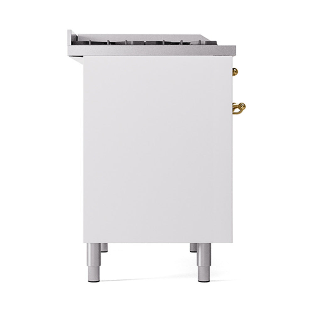 White dual fuel range side panel with brass trim and leveling legs