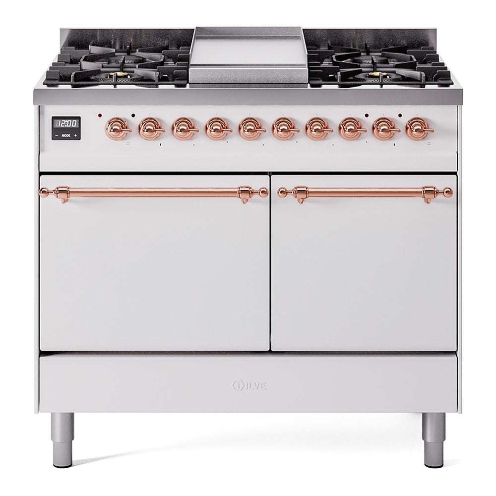 White dual fuel gas range with copper trim, six burners, griddle, and solid door oven