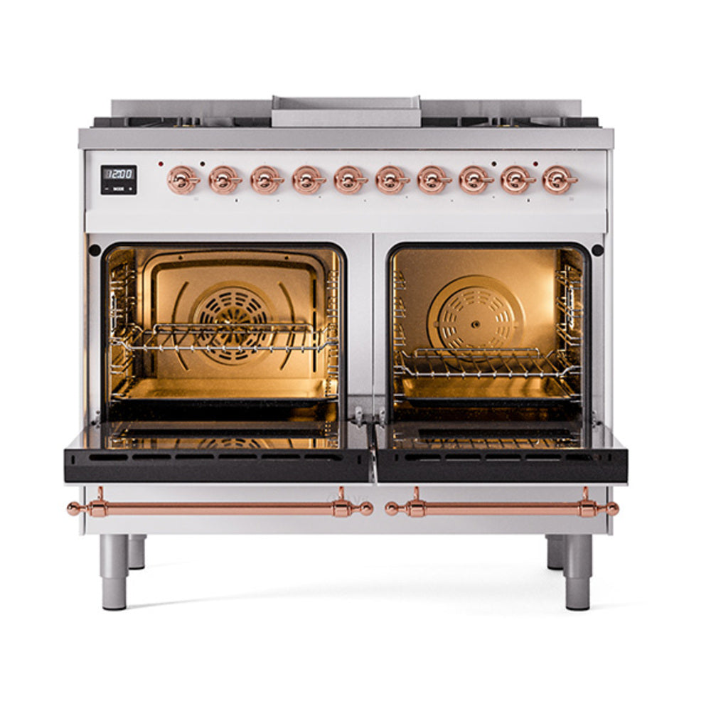 White dual fuel range with copper trim, two open ovens showing racks and back burners
