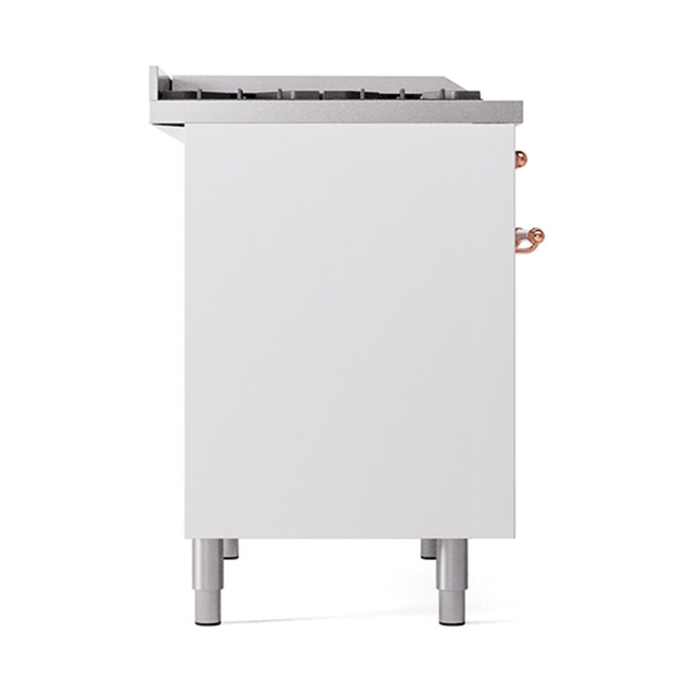 White side panel of dual fuel range with copper fittings and four legs