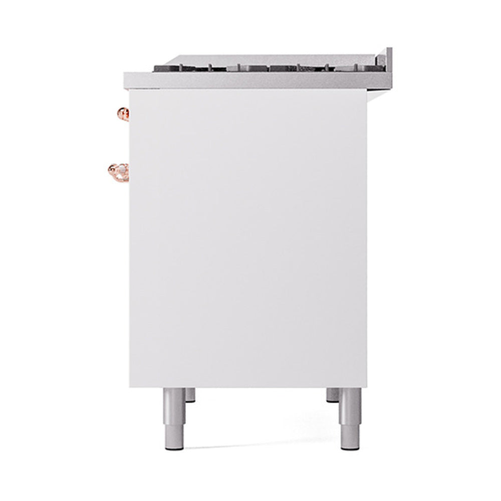 White side panel of dual fuel range with copper fittings and leveling legs