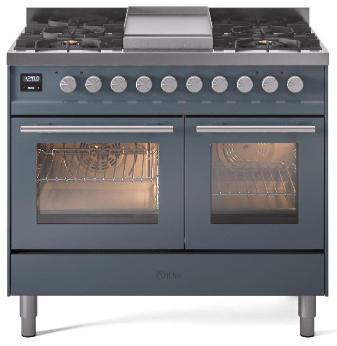 Freestanding dual-fuel gas range in blue grey with two ovens and control panel