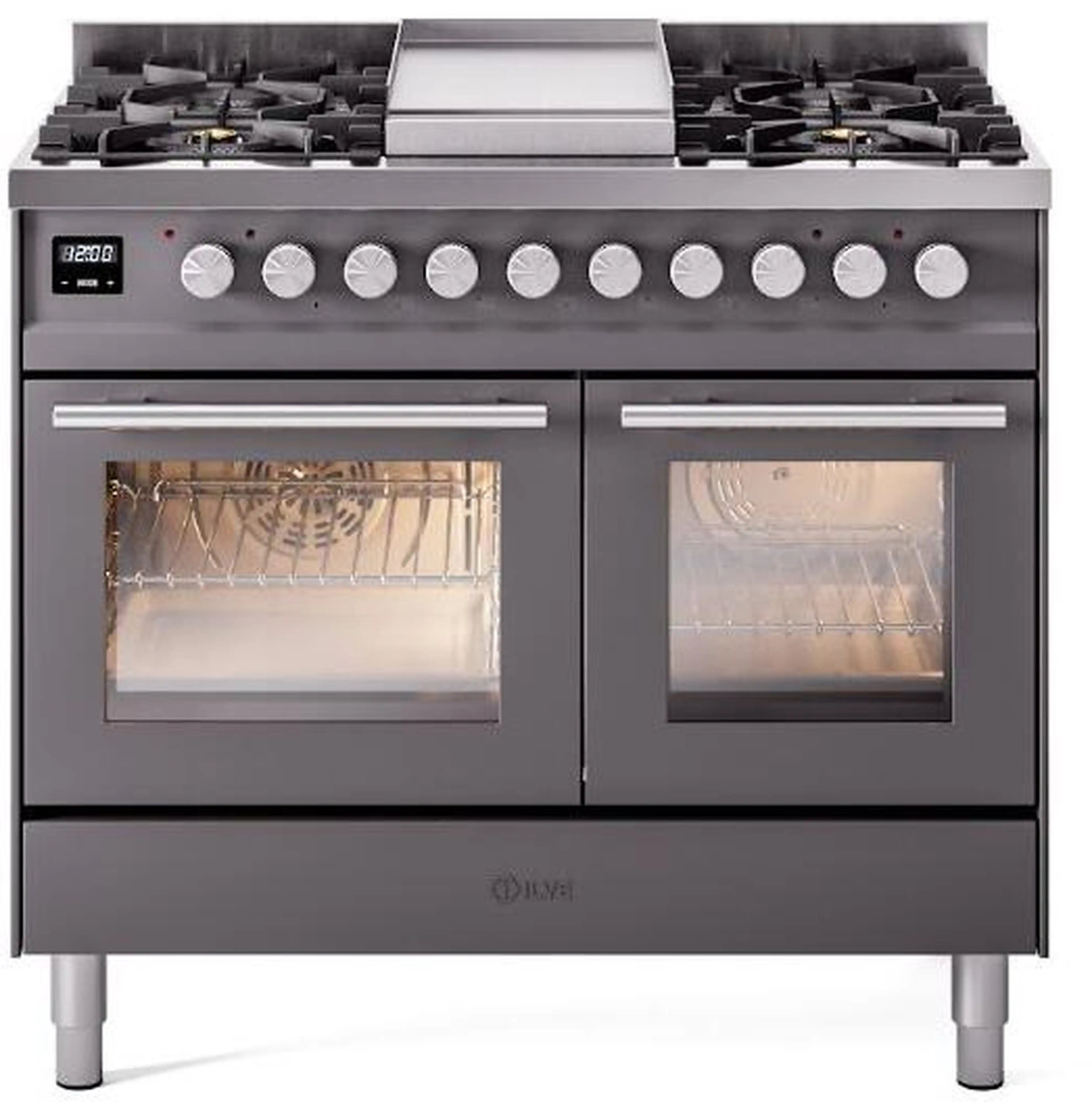 Matte graphite freestanding range with six sealed burners and two closed oven doors