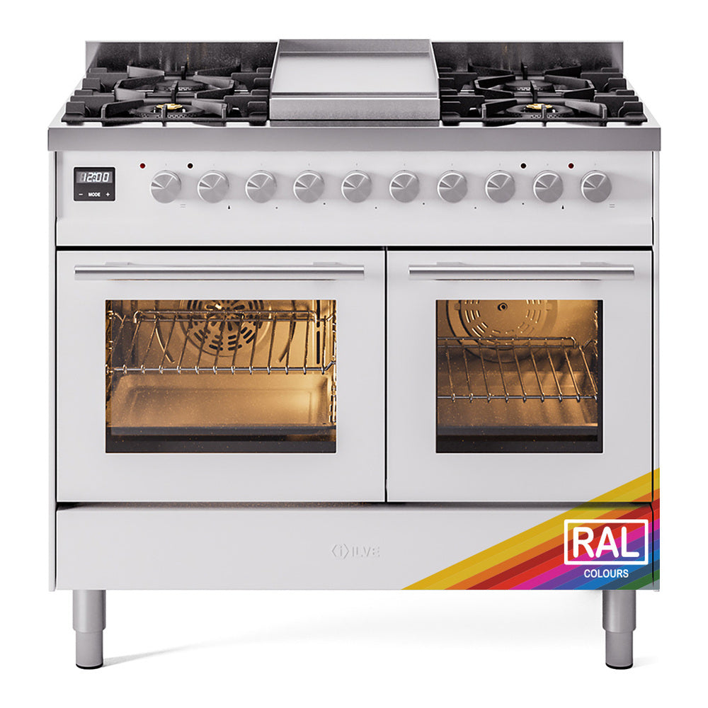 Freestanding dual-fuel gas range front view with two oven doors and control knobs