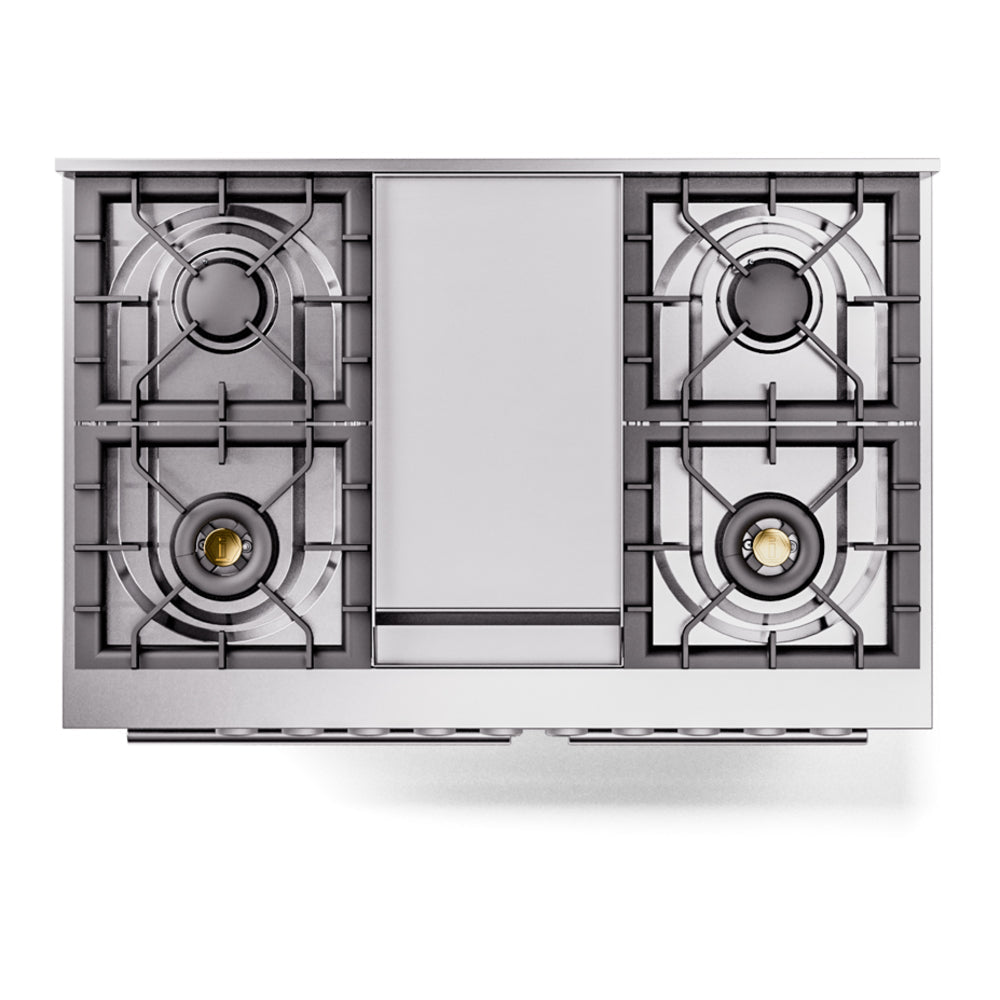 ILVE dual fuel range cooktop with 4 gas burner grates and a central panel