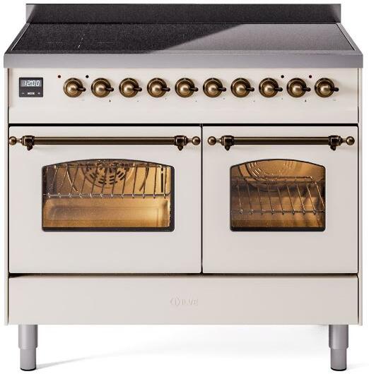 Antique white freestanding induction range with both ovens open and bronze door pulls
