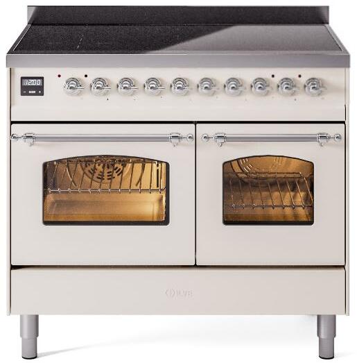 Antique white electric induction range with cooktop controls and oven doors open