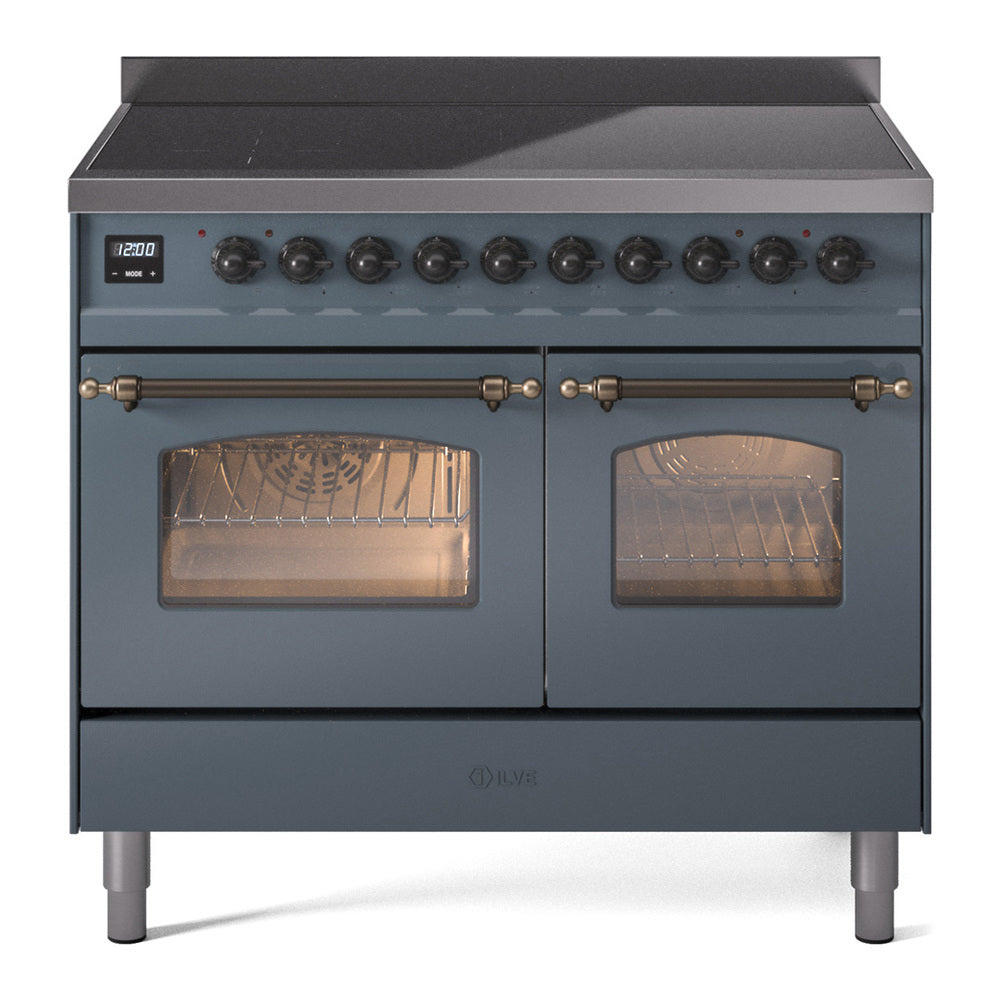 Blue-gray freestanding induction range with bronze knobs and dual oven doors